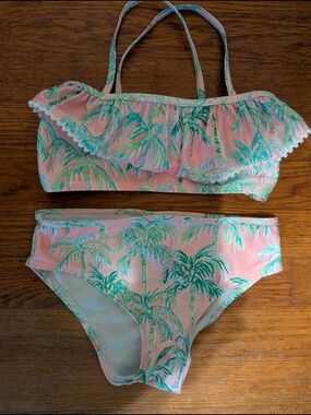 Tommy Bahama Pink Palm-Print Ruffle Bikini - Kids Swim 7/8